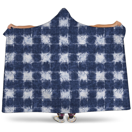 Shibori Grid Pattern Print Hooded Blanket