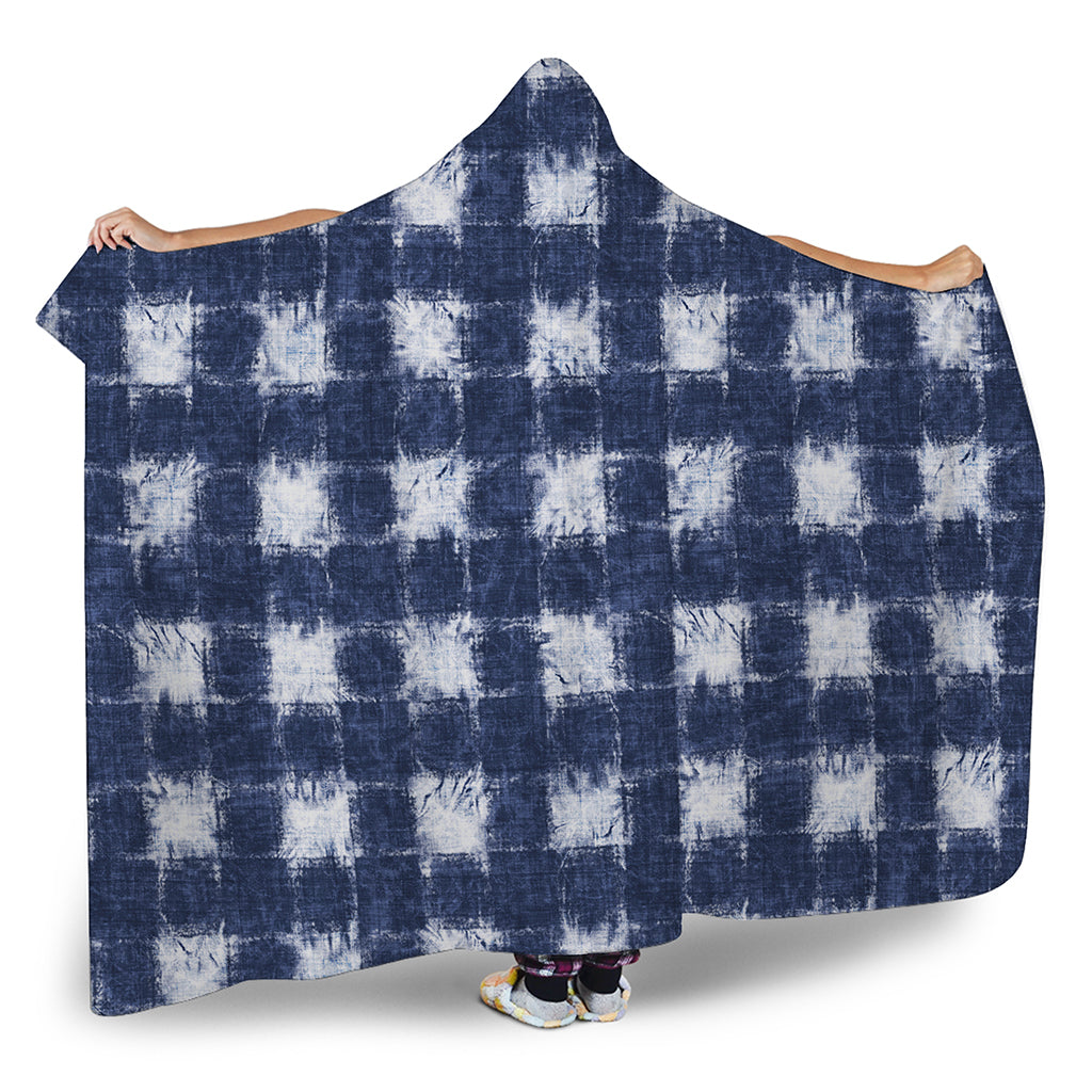 Shibori Grid Pattern Print Hooded Blanket