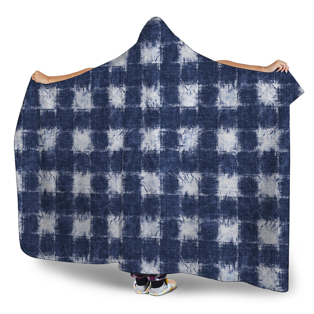 Shibori Grid Pattern Print Hooded Blanket