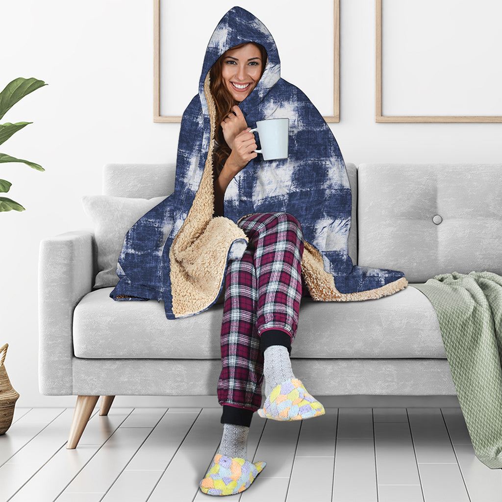 Shibori Grid Pattern Print Hooded Blanket