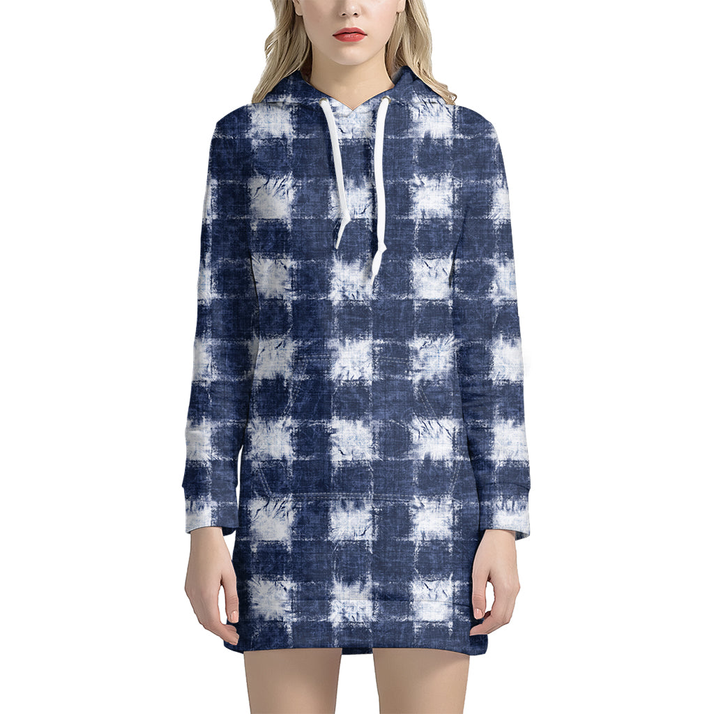 Shibori Grid Pattern Print Hoodie Dress