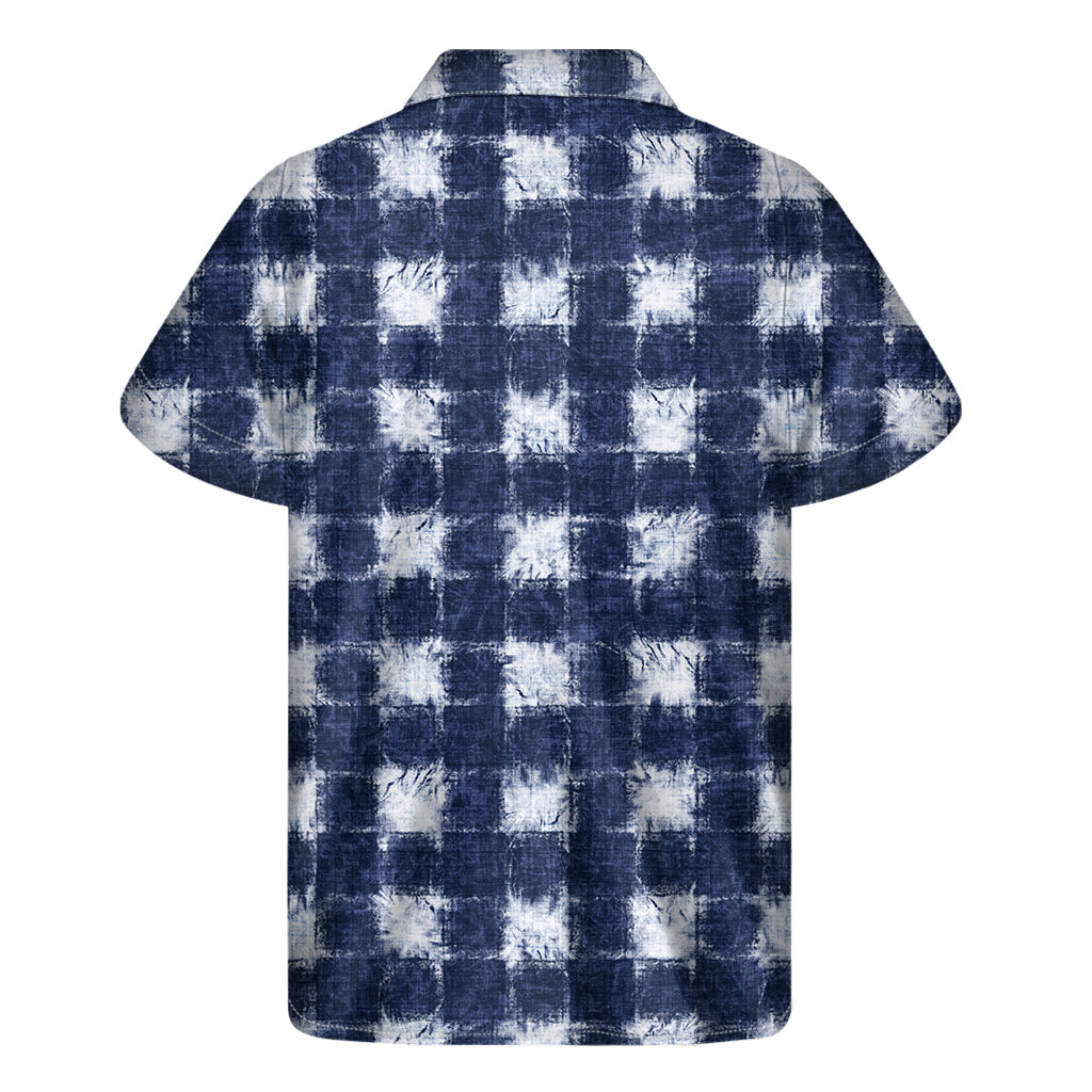 Shibori Grid Pattern Print Men's Short Sleeve Shirt