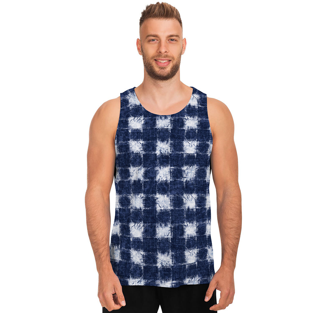 Shibori Grid Pattern Print Men's Tank Top