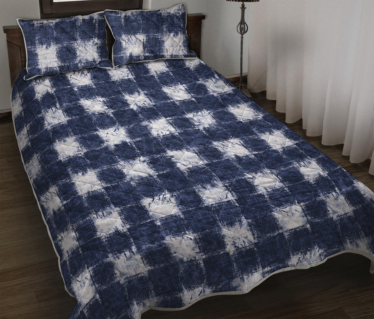 Shibori Grid Pattern Print Quilt Bed Set