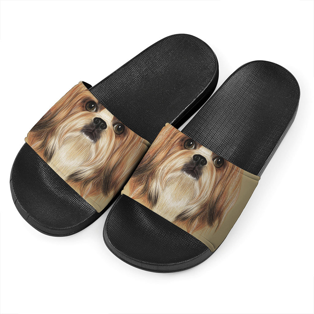 Shih Tzu Portrait Print Black Slide Sandals