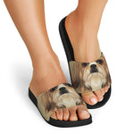 Shih Tzu Portrait Print Black Slide Sandals