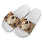 Shih Tzu Portrait Print White Slide Sandals
