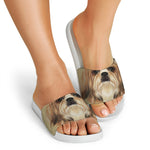 Shih Tzu Portrait Print White Slide Sandals