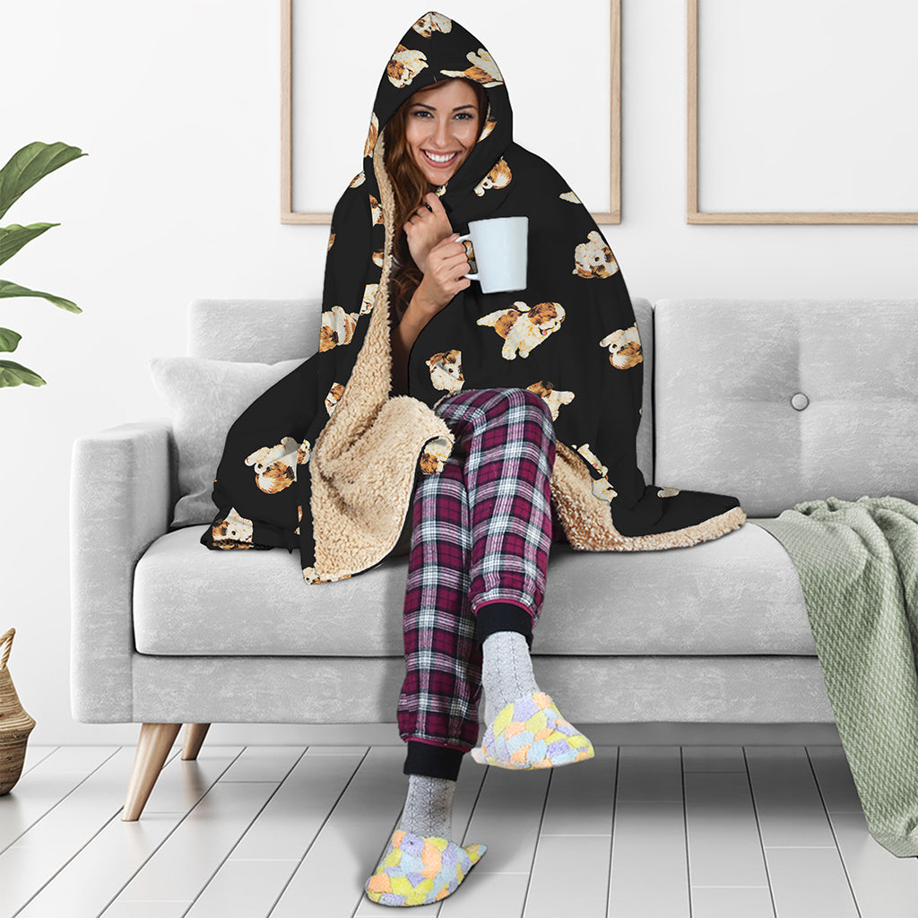Shih Tzu Puppy Pattern Print Hooded Blanket