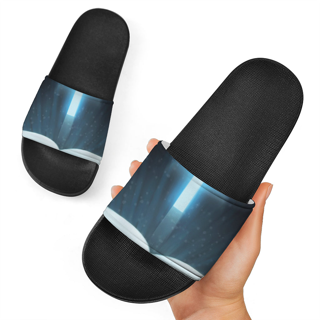 Shining Holy Bible Print Black Slide Sandals