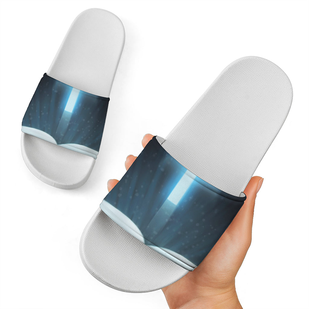 Shining Holy Bible Print White Slide Sandals