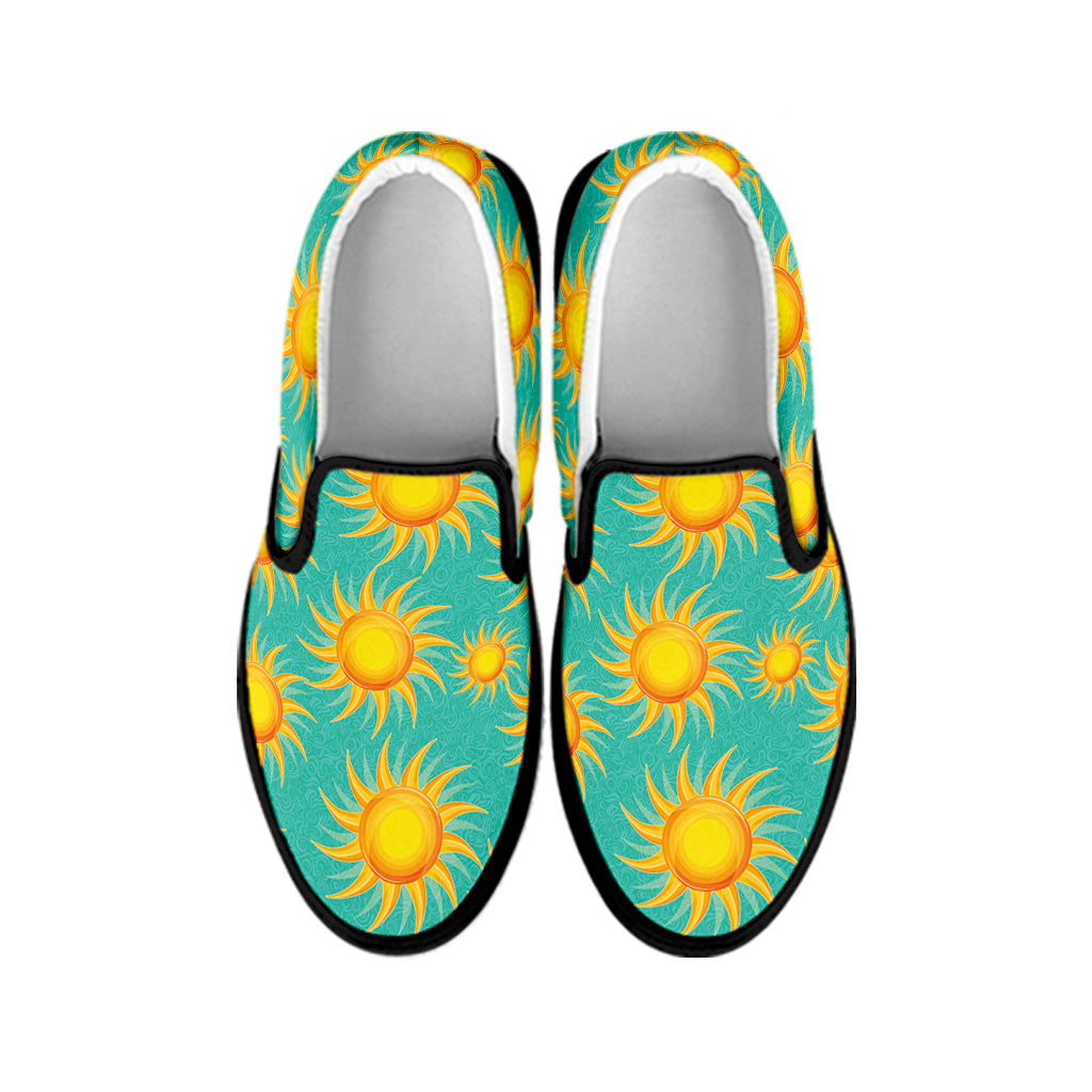 Shiny Sun Pattern Print Black Slip On Shoes