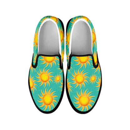 Shiny Sun Pattern Print Black Slip On Shoes