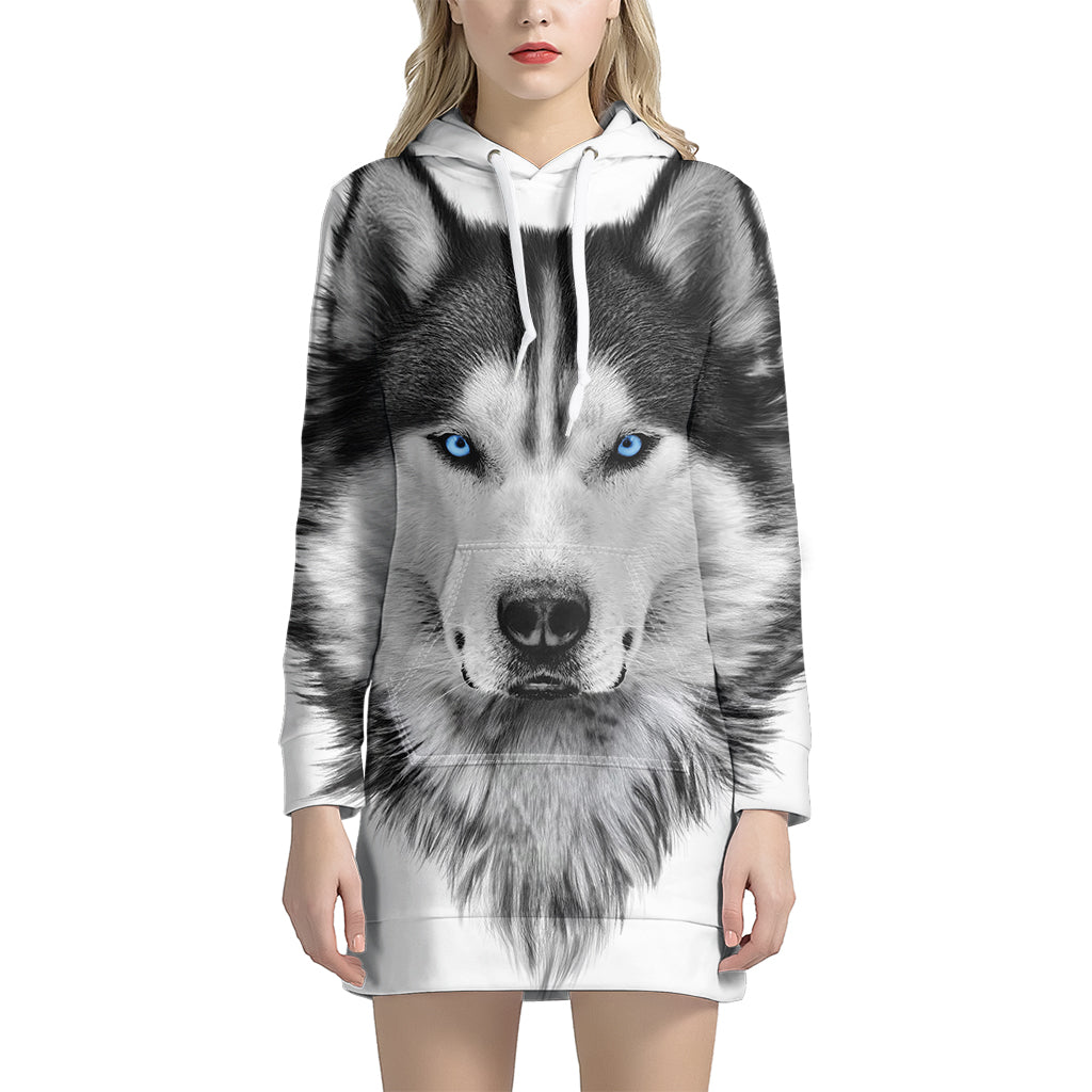 Siberian Husky Portrait Print Pullover Hoodie Dress