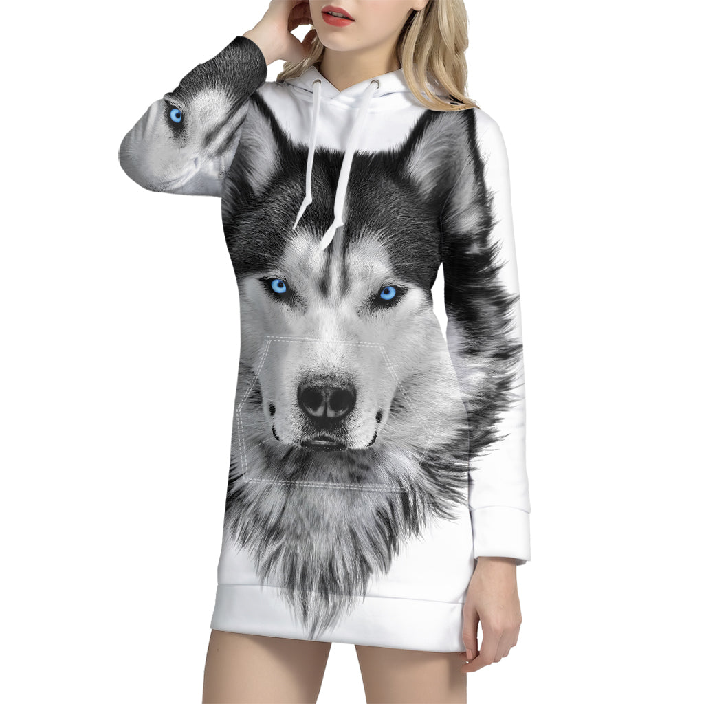 Siberian Husky Portrait Print Pullover Hoodie Dress