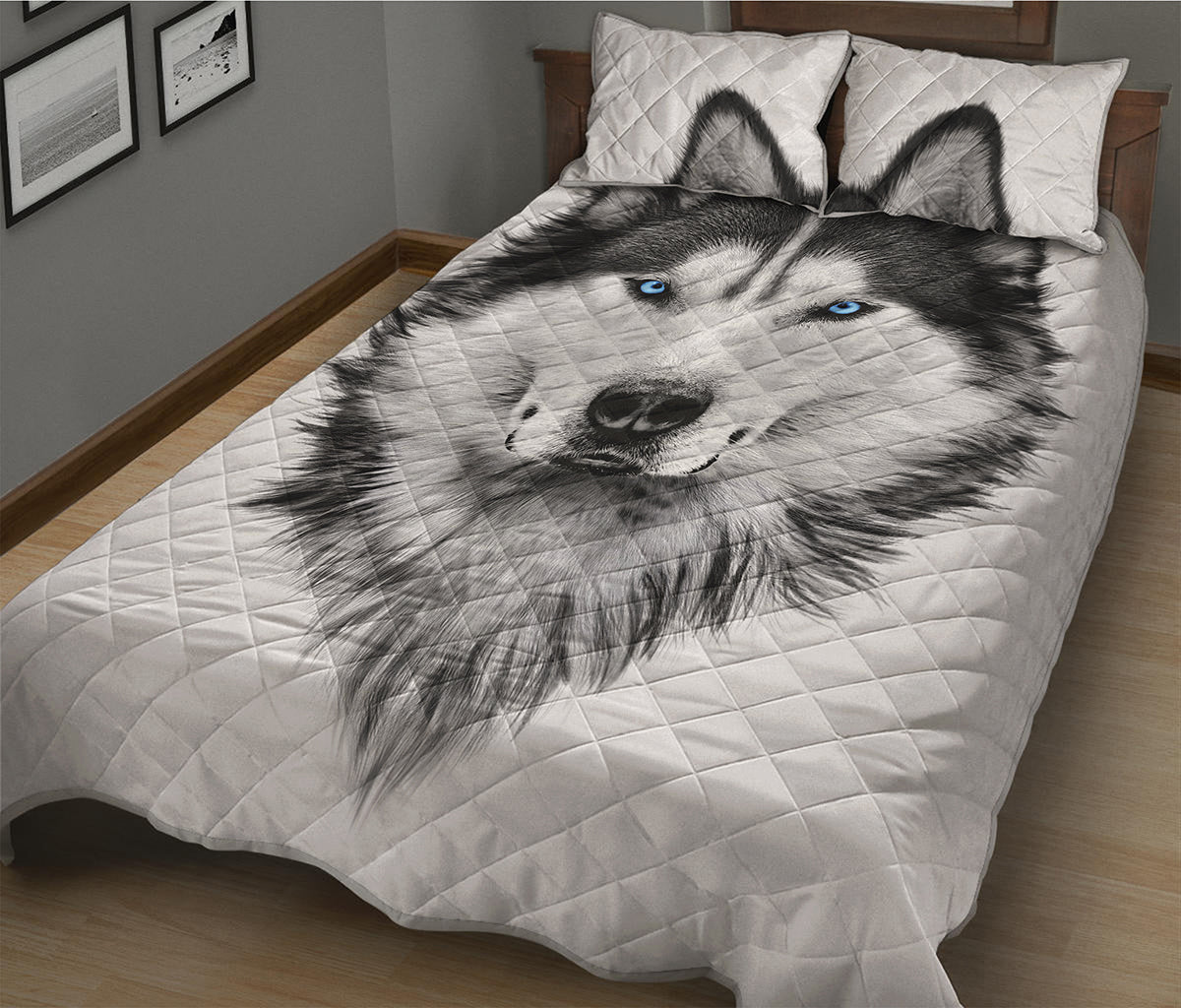 Siberian Husky Portrait Print Quilt Bed Set