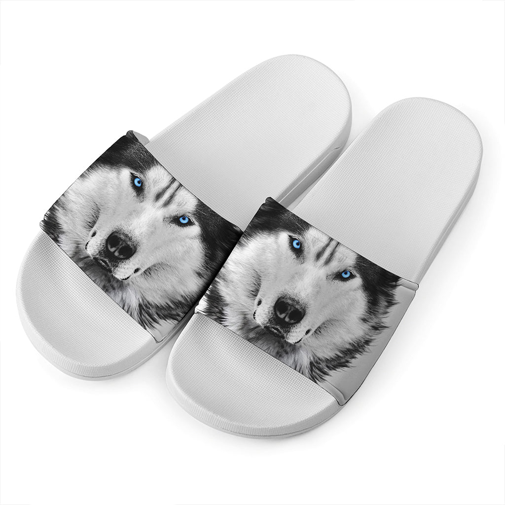 Siberian Husky Portrait Print White Slide Sandals