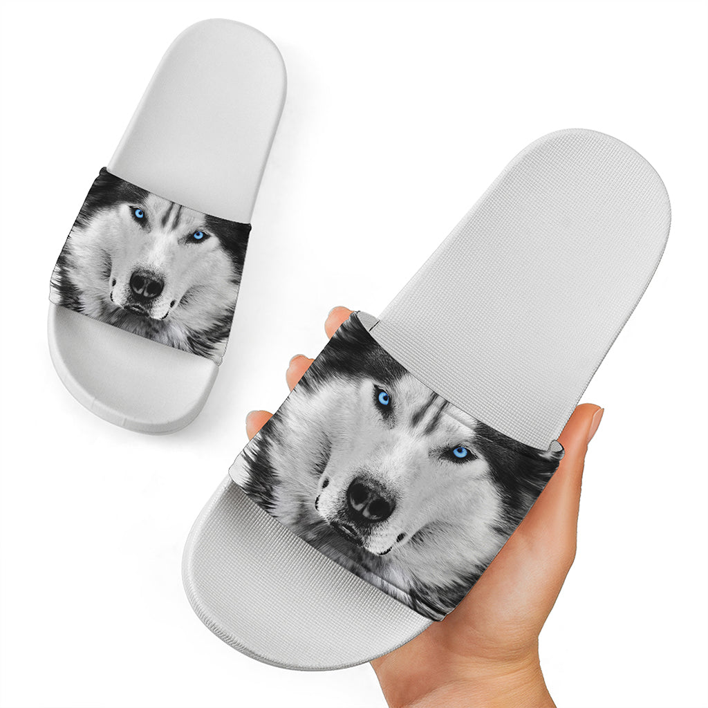 Siberian Husky Portrait Print White Slide Sandals