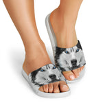 Siberian Husky Portrait Print White Slide Sandals