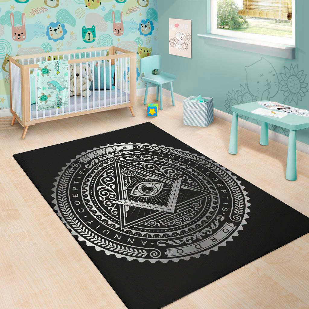 Silver And Black All Seeing Eye Print Area Rug