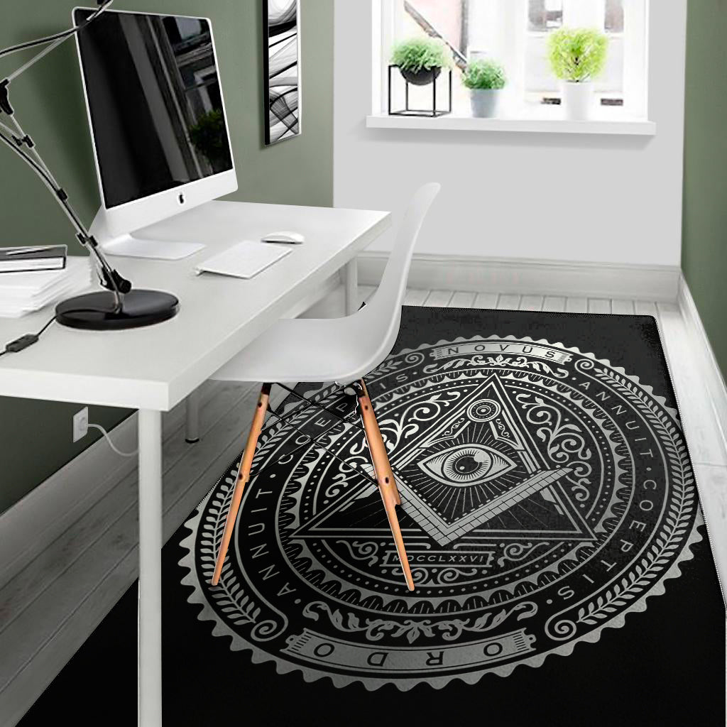 Silver And Black All Seeing Eye Print Area Rug