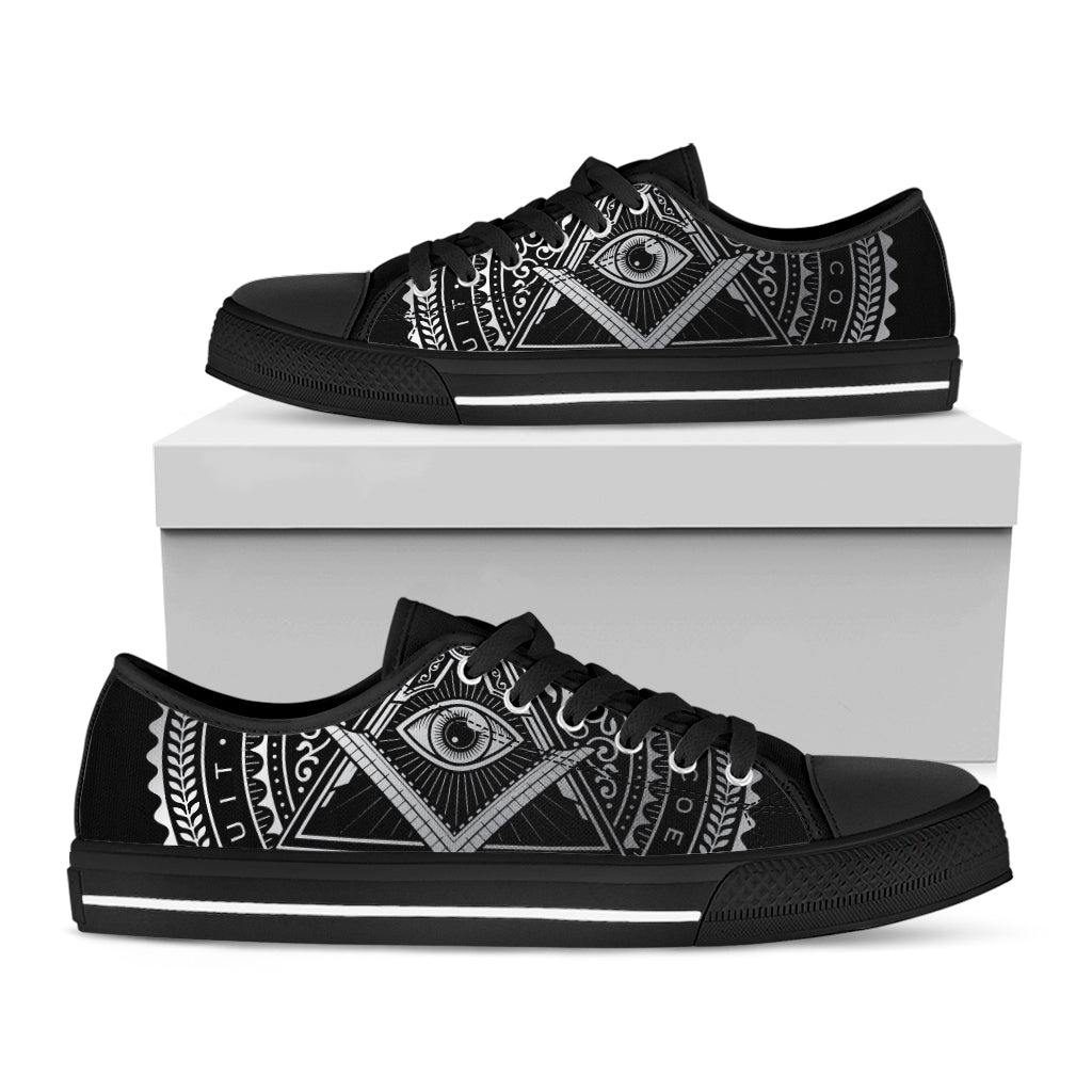 Silver And Black All Seeing Eye Print Black Low Top Shoes 