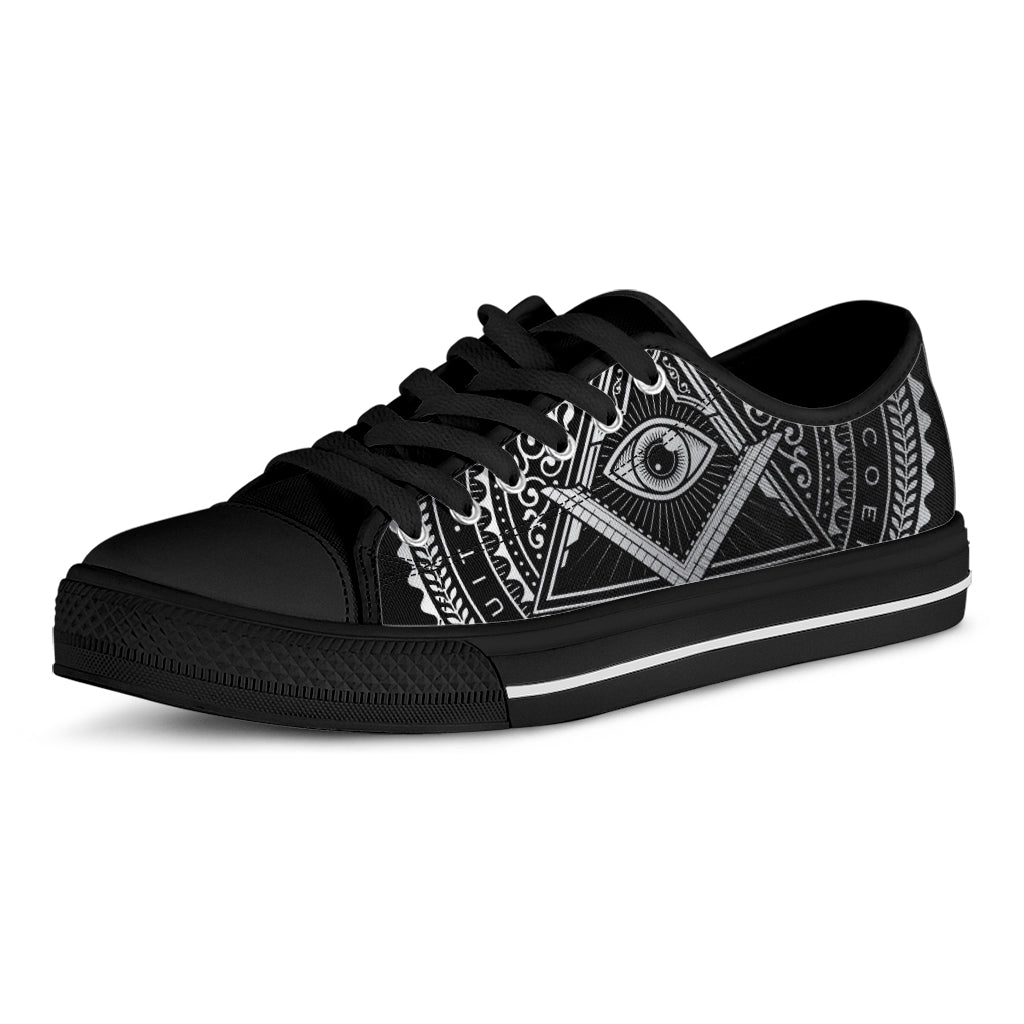 Silver And Black All Seeing Eye Print Black Low Top Shoes 