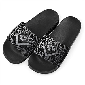 Silver And Black All Seeing Eye Print Black Slide Sandals