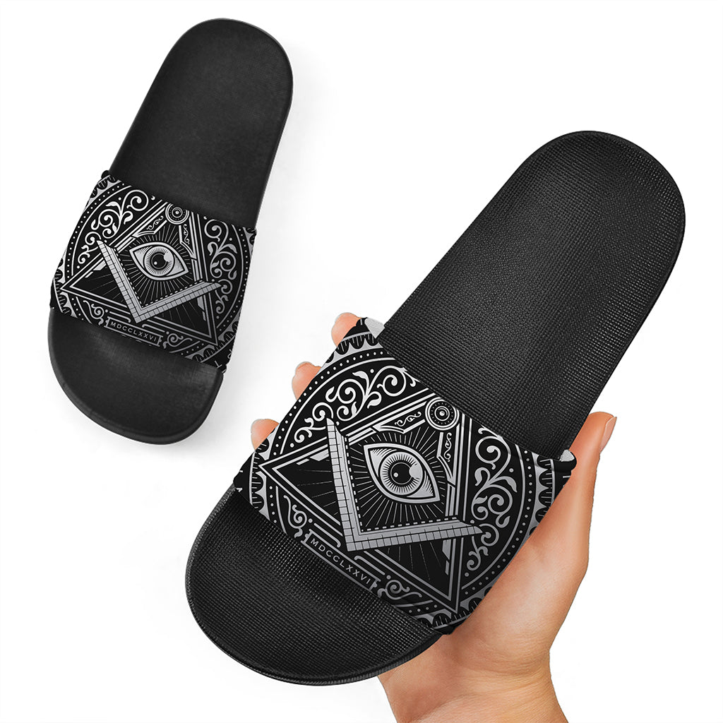 Silver And Black All Seeing Eye Print Black Slide Sandals