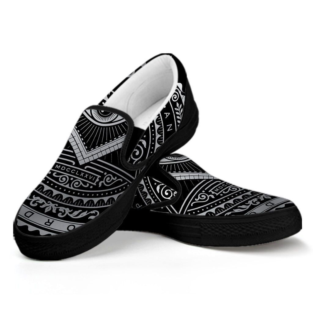 Silver And Black All Seeing Eye Print Black Slip On Shoes