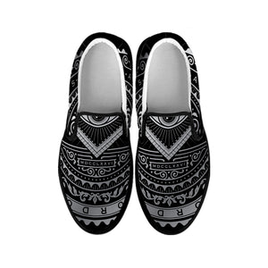 Silver And Black All Seeing Eye Print Black Slip On Shoes