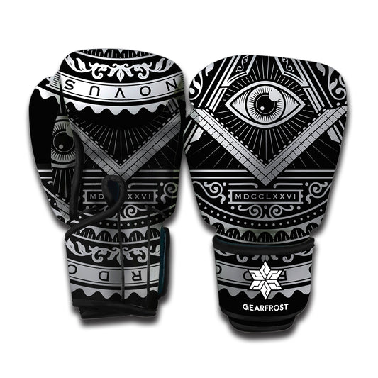 Silver And Black All Seeing Eye Print Boxing Gloves
