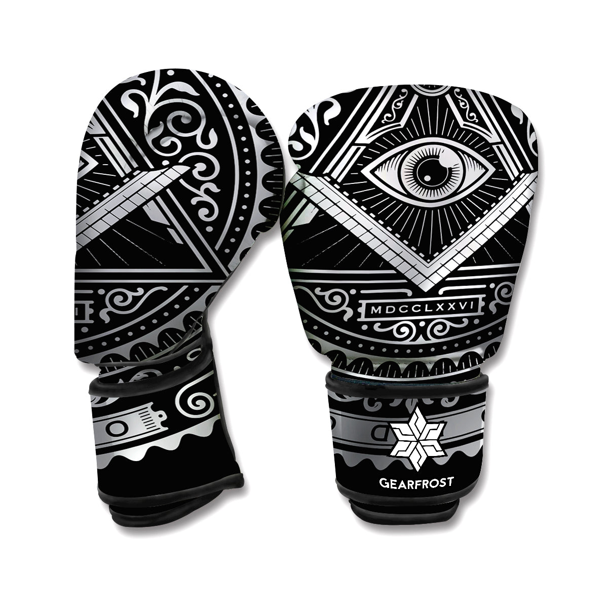 Silver And Black All Seeing Eye Print Boxing Gloves