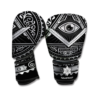 Silver And Black All Seeing Eye Print Boxing Gloves