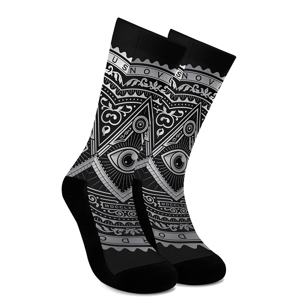 Silver And Black All Seeing Eye Print Crew Socks