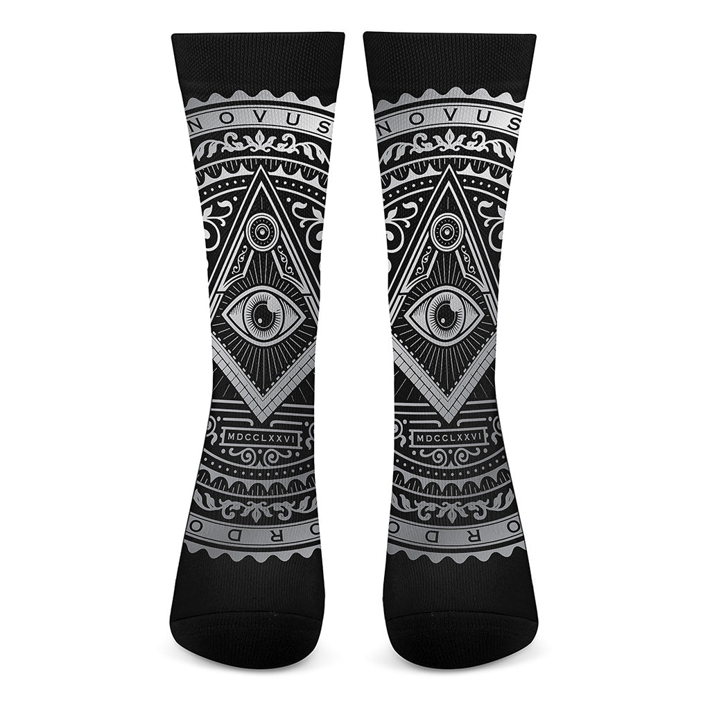 Silver And Black All Seeing Eye Print Crew Socks