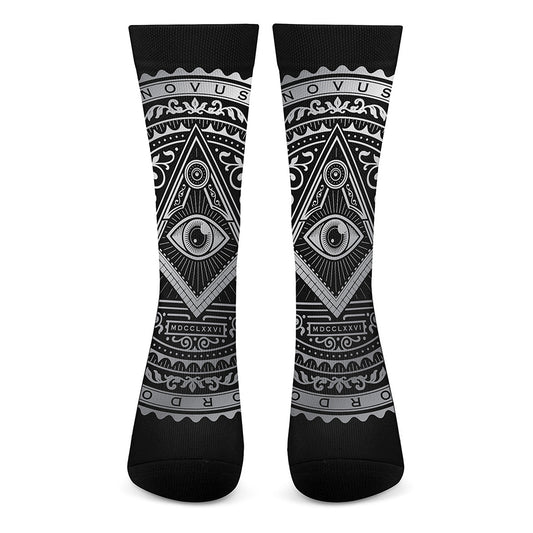 Silver And Black All Seeing Eye Print Crew Socks