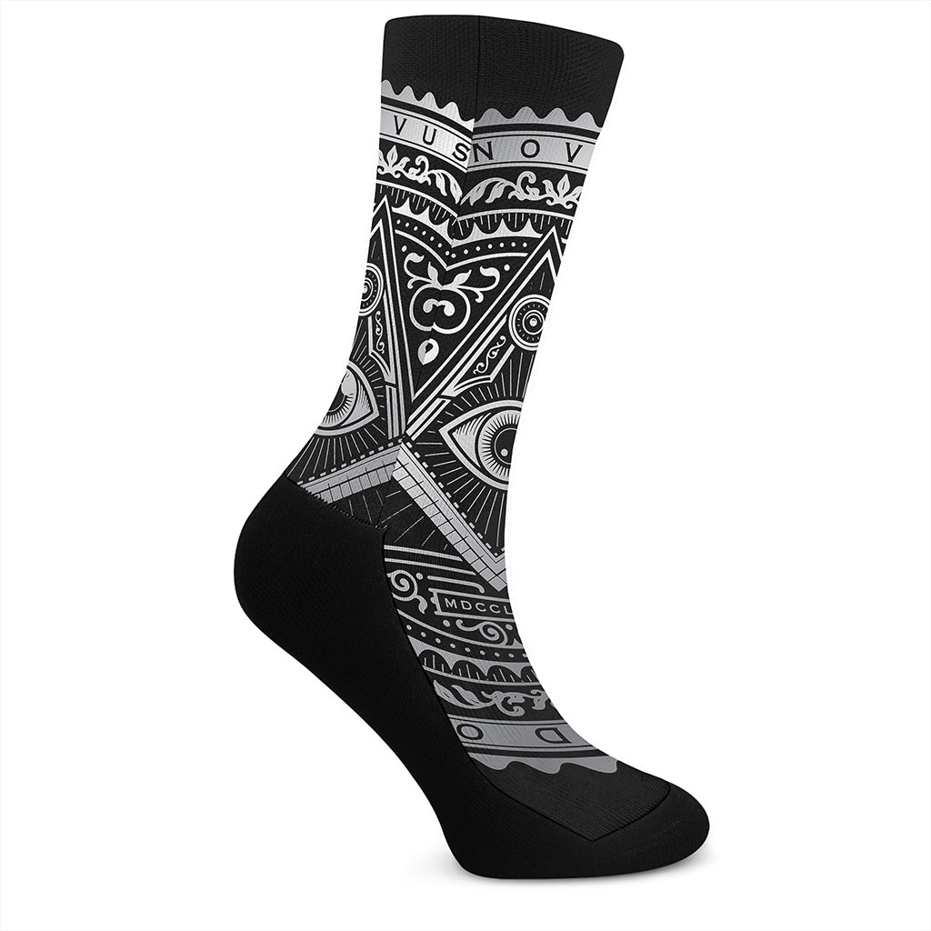 Silver And Black All Seeing Eye Print Crew Socks