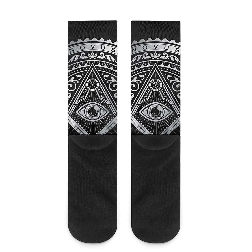 Silver And Black All Seeing Eye Print Crew Socks