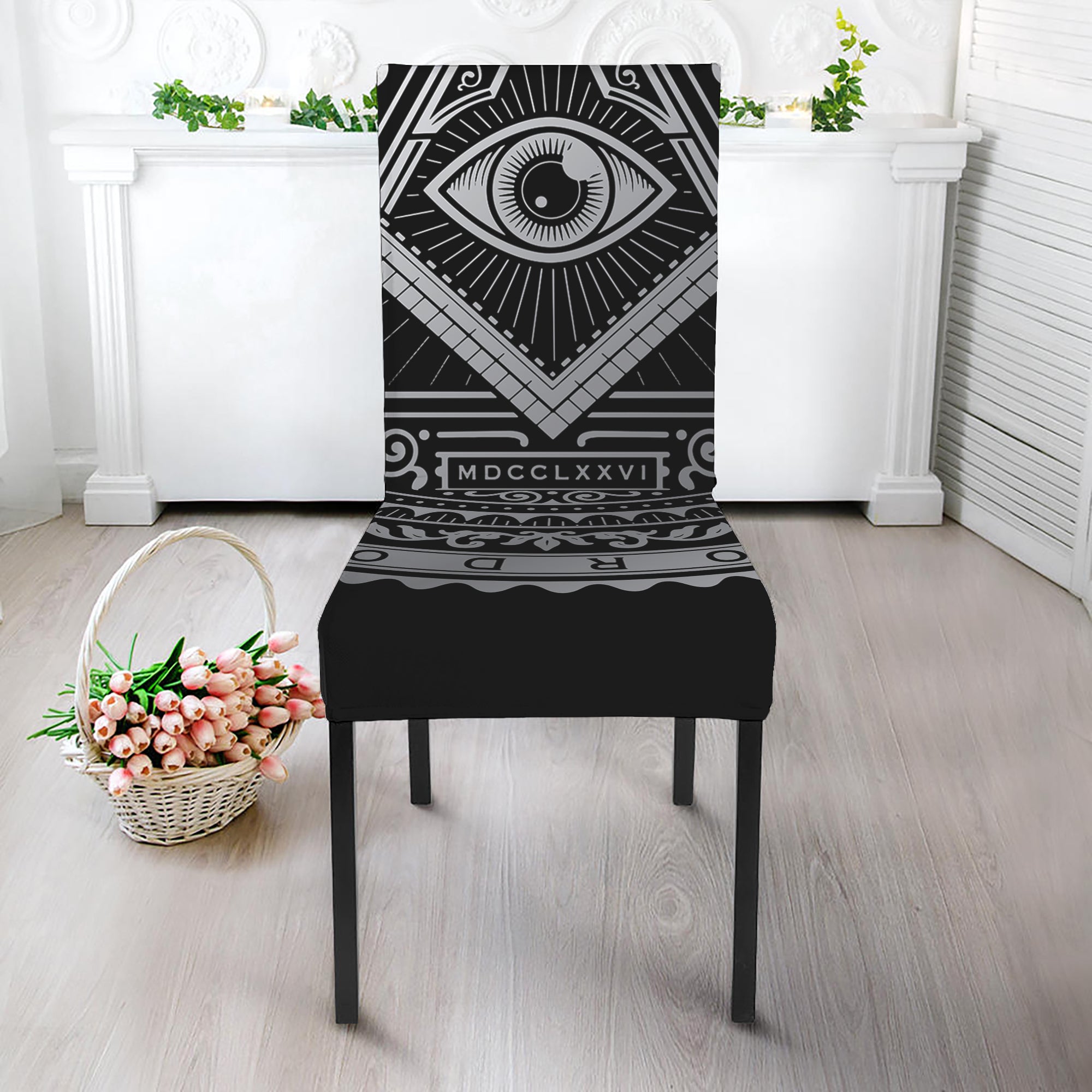 Silver And Black All Seeing Eye Print Dining Chair Slipcover