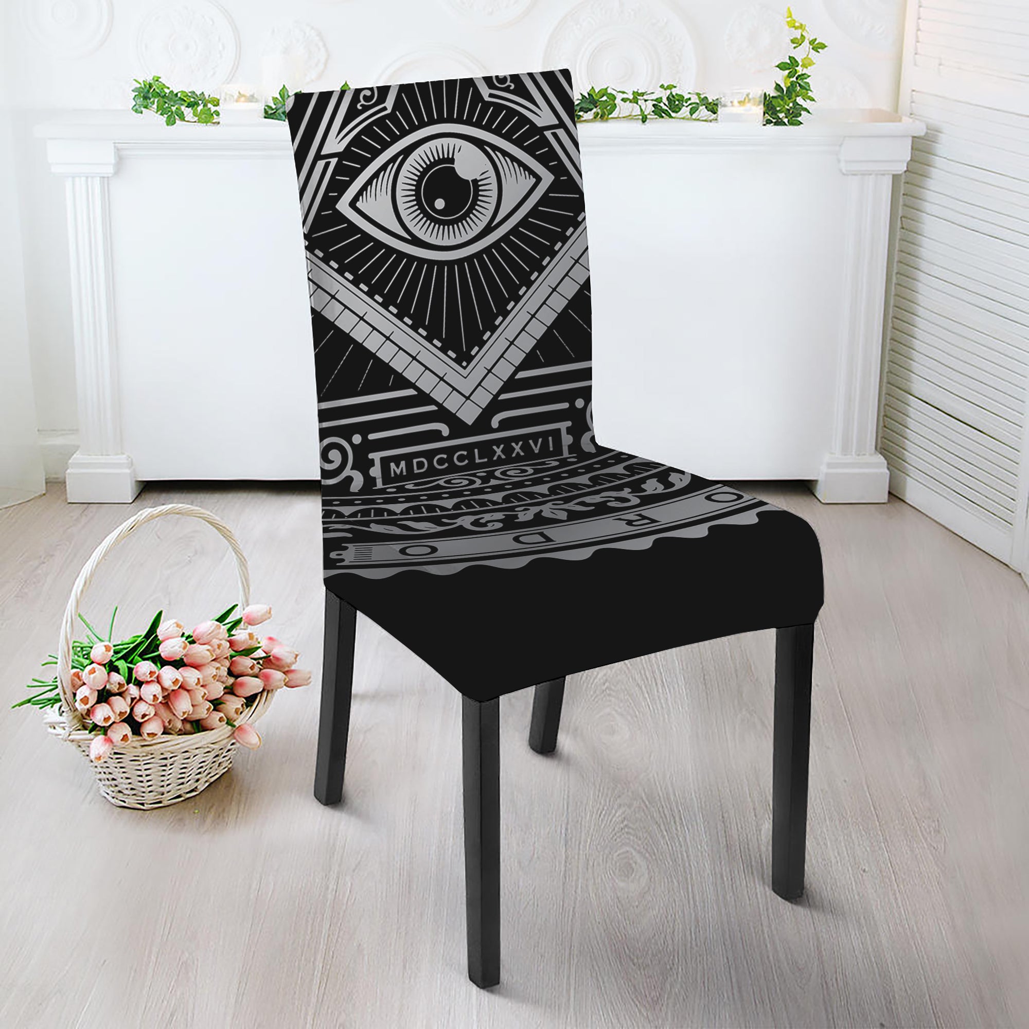 Silver And Black All Seeing Eye Print Dining Chair Slipcover