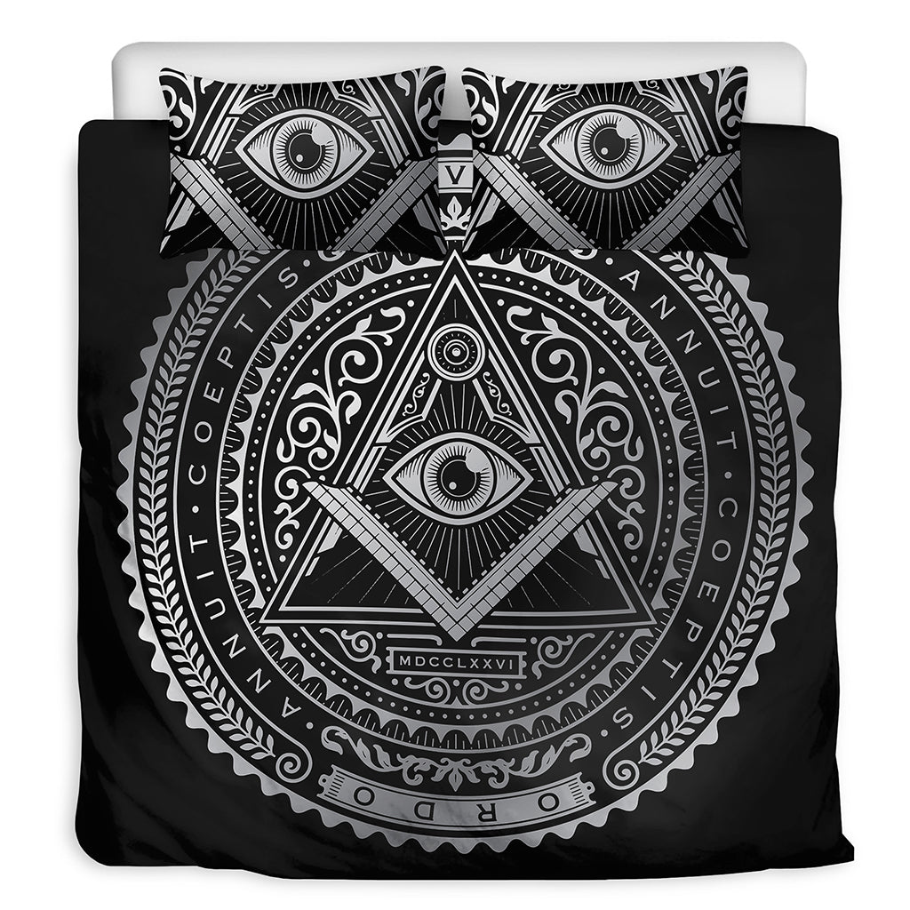 Silver And Black All Seeing Eye Print Duvet Cover Bedding Set