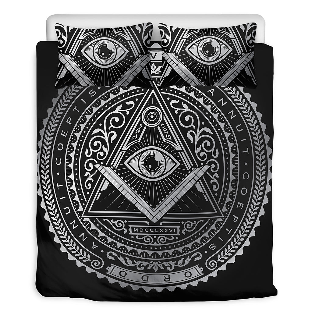 Silver And Black All Seeing Eye Print Duvet Cover Bedding Set