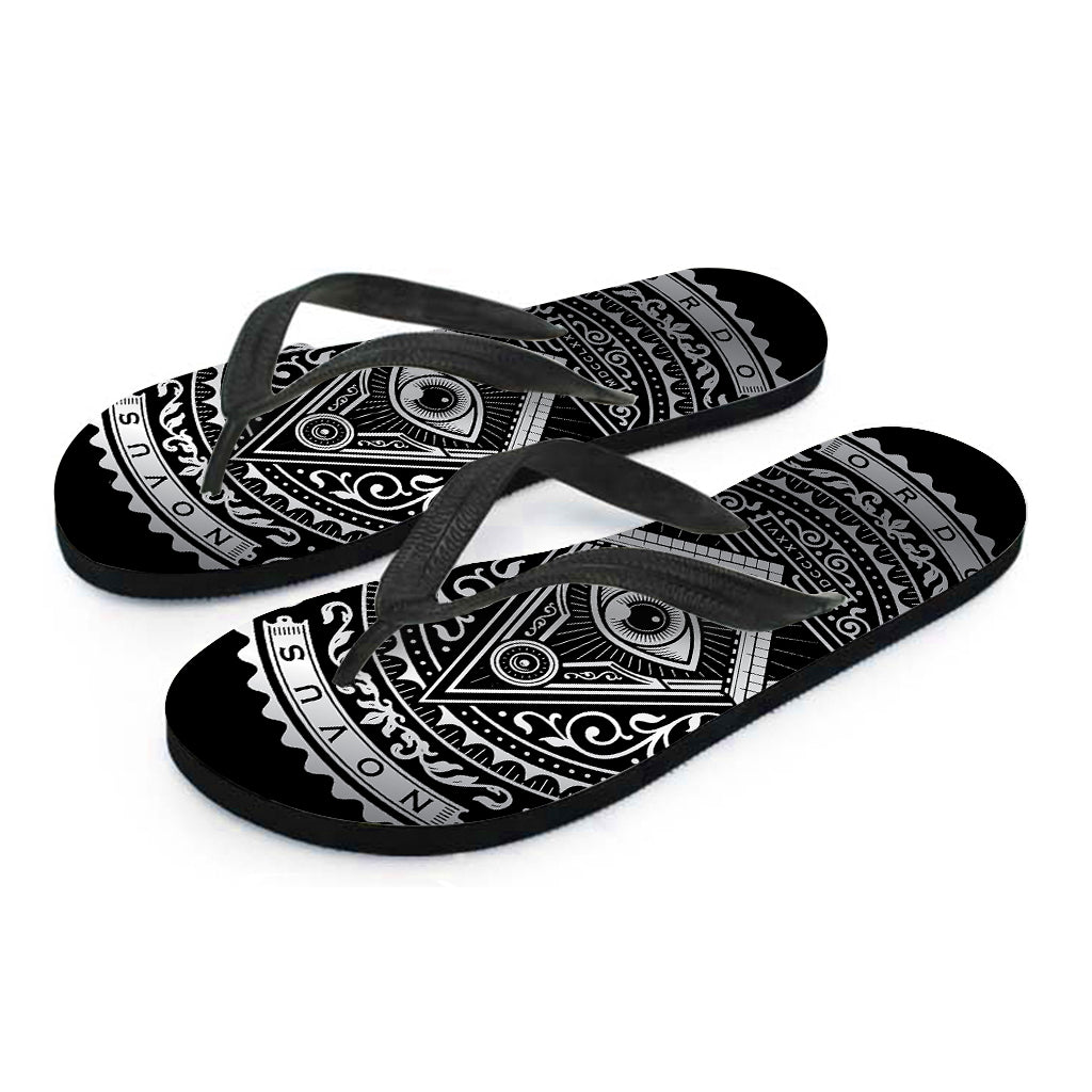 Silver And Black All Seeing Eye Print Flip Flops