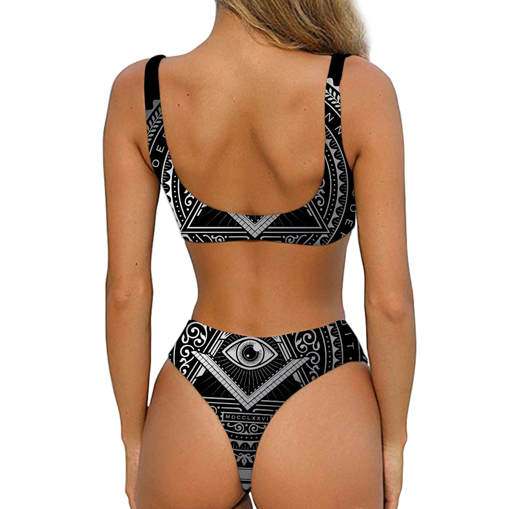 Silver And Black All Seeing Eye Print Front Bow Tie Bikini