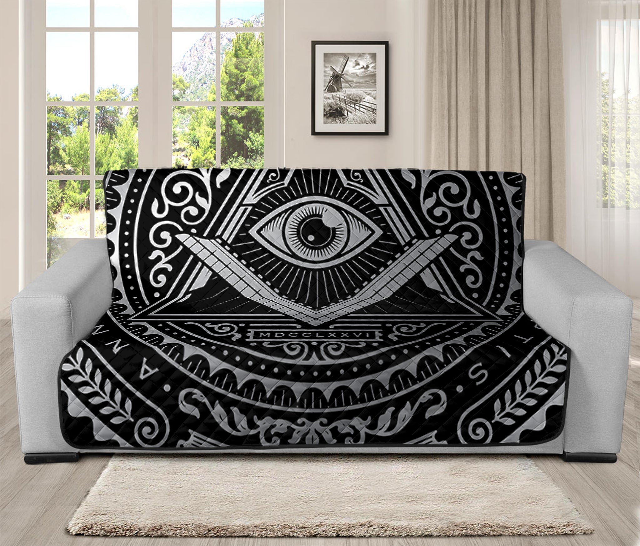 Silver And Black All Seeing Eye Print Futon Protector