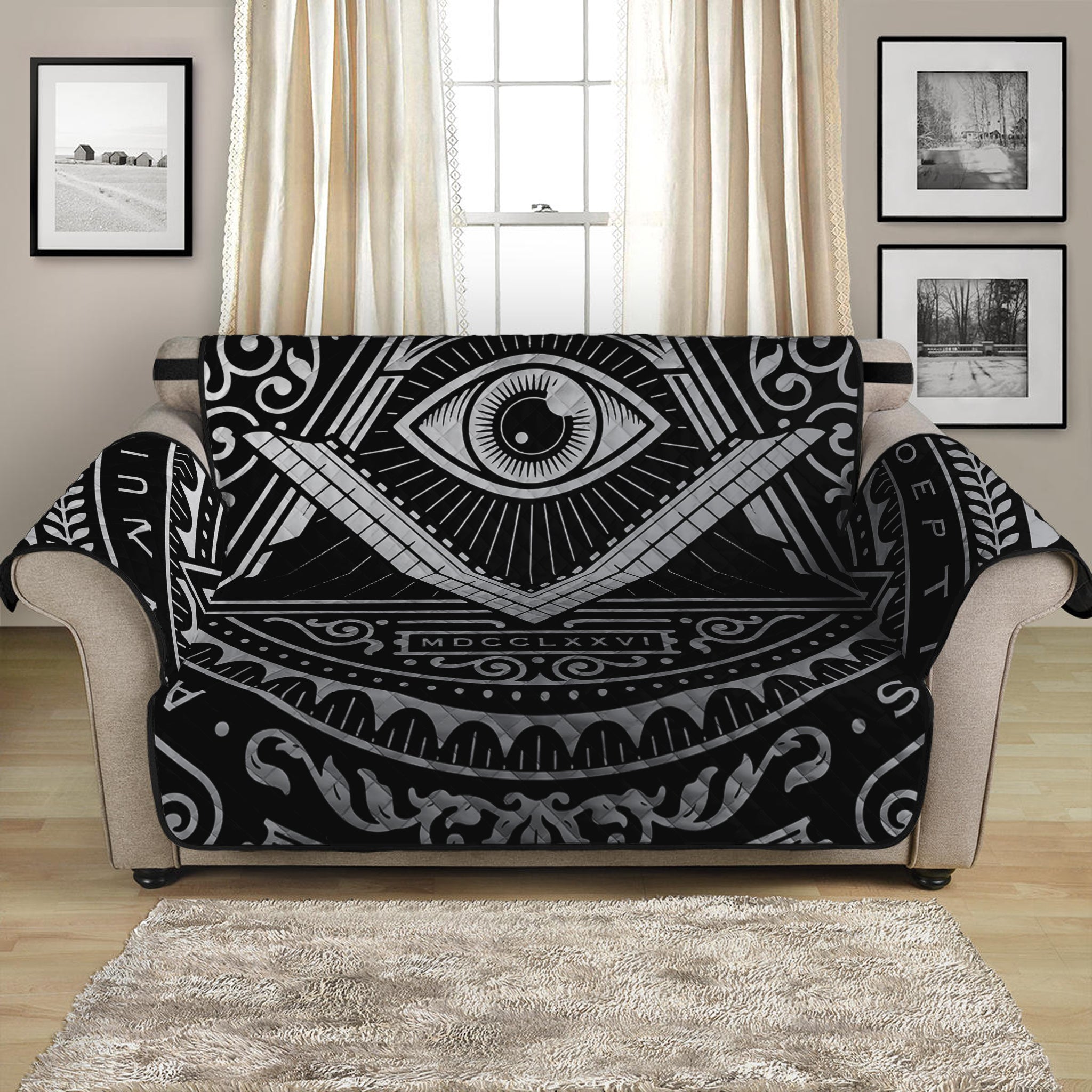 Silver And Black All Seeing Eye Print Loveseat Protector