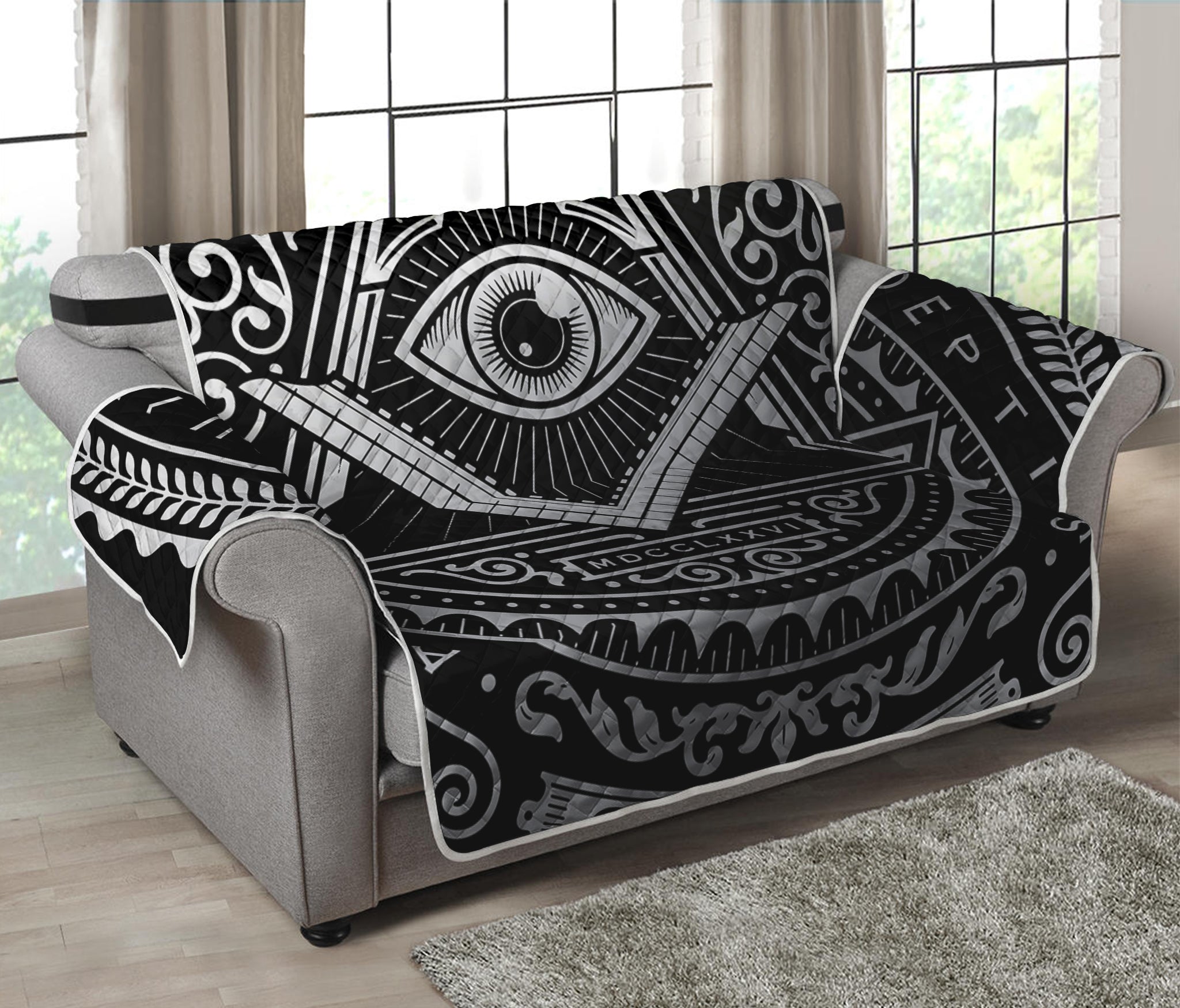 Silver And Black All Seeing Eye Print Loveseat Protector