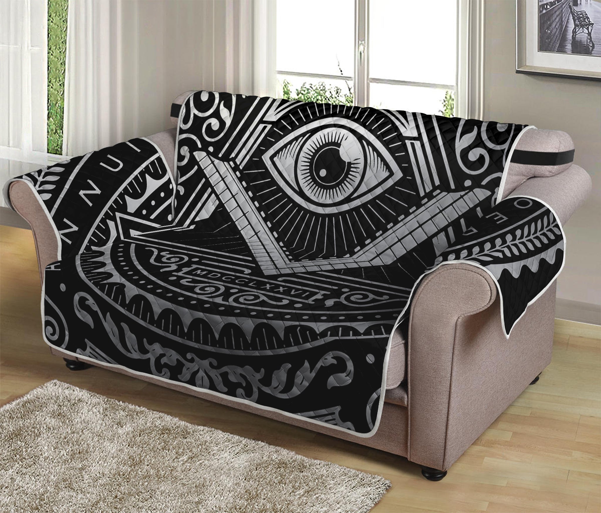 Silver And Black All Seeing Eye Print Loveseat Protector