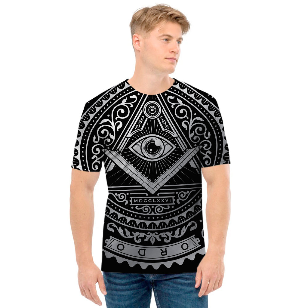 Silver And Black All Seeing Eye Print Men's T-Shirt